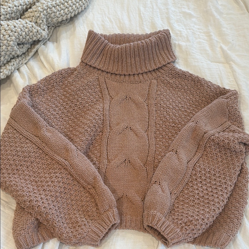 Altar'd State Brown Cowl Turtleneck Sweater with Cable Knit Design